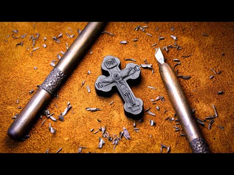 Hand carving in wood, creating a Greek Orthodox cross entirely by hand