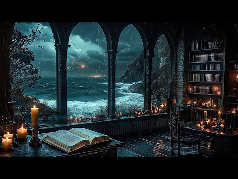 Seaside Library Reading ✍️ Dark Academia Piano & Stormy Waves for Reflective Writing Nights