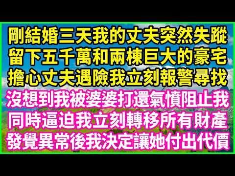 剛結婚三天我的丈夫突然失蹤,留下五千萬和兩棟巨大的豪宅,擔心丈夫遇險我立刻報警尋找,沒想到我被婆婆打還氣憤阻止我,同時逼迫我立刻轉移所有財產,發覺異常後我決定讓她付出代價!#情感故事 #花開富貴