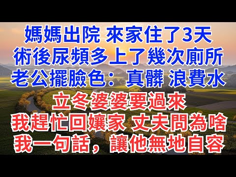 媽媽出院 來家住了3天，術後尿頻多上了幾次廁所，老公擺臉色：真髒 浪費水，立冬婆婆要過來，我趕忙回孃家，丈夫問為啥，我一句話，讓他無地自容#為人處世#生活經驗#情感故事#故事#小說#戀愛