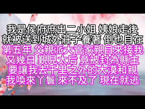 我是侯府庶出二小姐，姨娘走後，就被送到城外莊子養著，倒也自在，第五年，父親派大管家親自來接我，又幾日，覲見太后，竟被封為縣主，要讓我去千里之外的大漠和親，我喚來丫鬟，來不及了，現在就逃【幸福人生】
