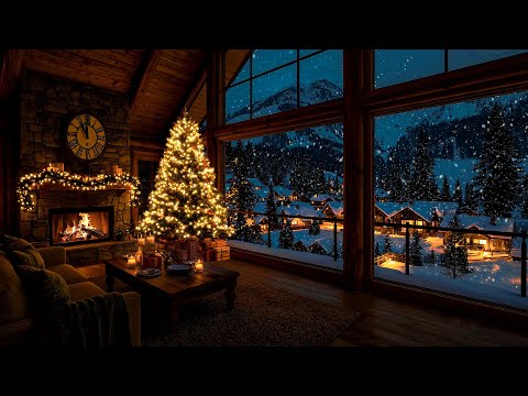 Soft Christmas Piano Music & Warm Fireplace Sounds🎄Cozy Cabin for Holiday Calm with snowfall