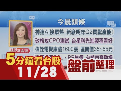 美股周四因感恩節休市 周五提前3小時收盤!南亞調漲CCL、PP售價!台積電盤後鉅額交易溢價8%法人:台股目標價28560點!漢翔搶攻儲能商機｜主播葉俞璘｜【5分鐘看台股】20251128｜非凡財經新聞