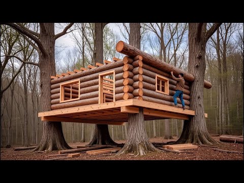 The Man Began Building a Wooden Cabin In The Tree | A Wooden Frame And Ladder Were Constructed.