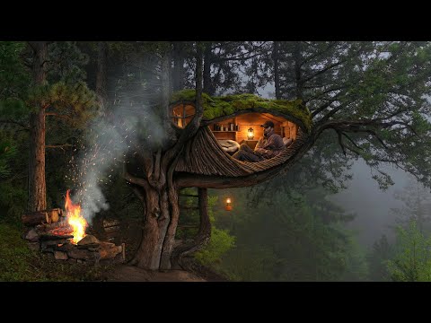 BUSHCRAFT TREEHOUSE - Building a Shelter in the Rainy Forest - Solo Camping in the Wilderness