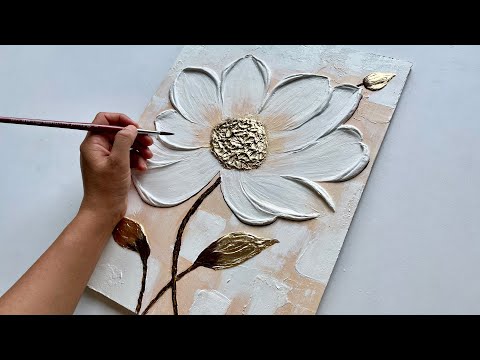 White Flower Textured Wall Art 3D Flower Painting on Wooden Board | Gold Leaf Art
