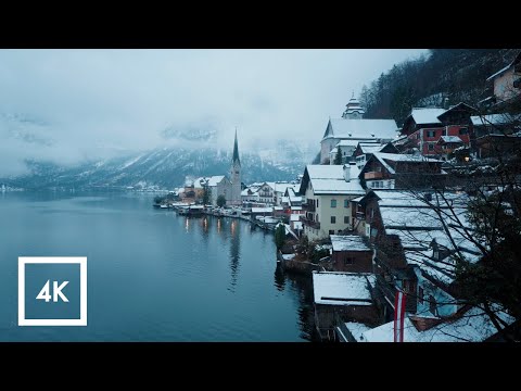 Snowy Scenic Walk in Hallstatt, Austria, Morning Binaural Winter Sounds ❄️