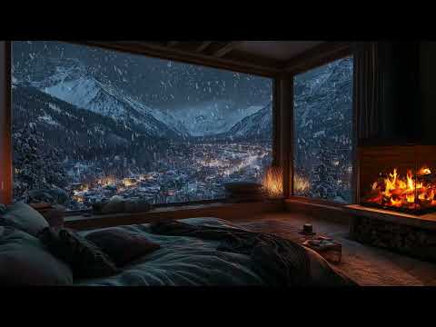 Cozy Cabin Night Ambience | Fire Crackles and Falling Snow for Deep Relaxation and Restful Sleep
