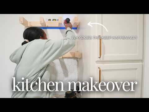 DIY BUDGET KITCHEN MAKEOVER EP 7 | DIY Open Floating Shelves, Finishing Cabinet Trim, & More Tiling