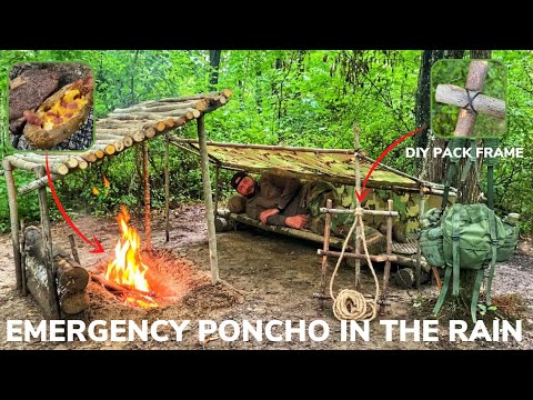 Solo Overnight Using an Emergency Military Poncho in The Rain and Baked Bacon Potato with Steak