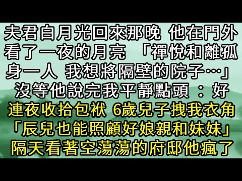 白月光回來那晚，夫君在門外坐了一夜。「禪悅和離孤身一人，我不能不管她。我想將隔壁院子…」沒等他說完我平靜點頭：好。連夜收拾包袱，6歲兒子拽住我衣角，「辰兒也能照顧好娘親和妹妹」隔天看空蕩蕩的府邸他瘋了