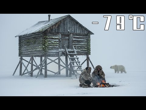 -79°c Blizzard Yakut Mother & Child in a Stilted Log House Driving Off a Polar Bear, Smoked Ham