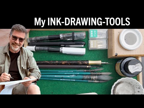 My tools for ink drawing - dip pens, fountain pens and brush pen.