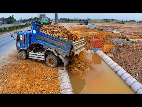 Start New project delete drain full action ! truck unload , bulldozer push stone to delete drain