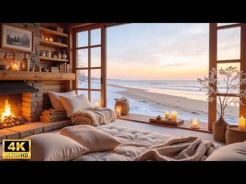 Winter Beach Ambience - Soft Piano Music with Ocean Waves and Fireplace for Calm & Focus
