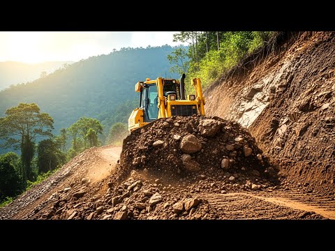 Massive Bulldozer Cutting & Clearing Soil Working Hard to Building Access Road for Transportation