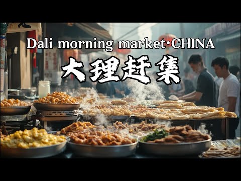 大理赶集，银桥集市，烤饵块/炭烤牛肉干/米豆腐/漾濞卷粉/竹筒饭/紫米包饭/铁板烤肉/凉虾/酱香饼/烤五花，大理街头美食，Dali morning market·CHINA