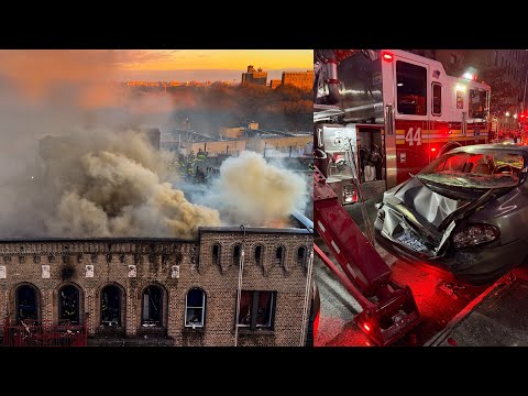 **4 ALARM Bronx FIRE! CARS CRUSHED!** FDNY Battles HEAVY FIRE on Top Floor & Thru Roof [ Box 2771 ]