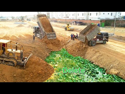 Amazing 100% Complete Corner Process by 25Ton, 5Ton Dump Trucks With Komatsu D58E Bulldozer