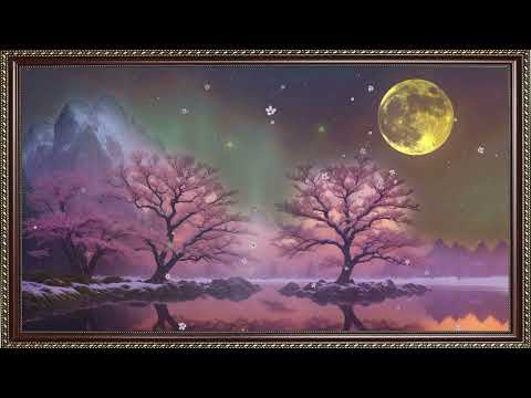 Cherry Blossoms Over Snowy Moonlit Lake | Frame TV Art Screen Saver | Frame Studio 4K