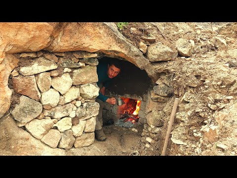 I Made a COZY CAVE With a FIREPLACE in the Rain, Bushcraft Camping, Outdoor Cooking, Adventure, DIY