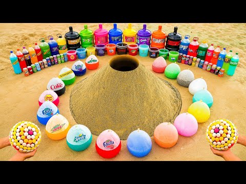 Experiment: Big Balloons of Orbeez, Fanta, Sodas, Mtn Dew, Coca Cola vs Mentos Volcanic Underground