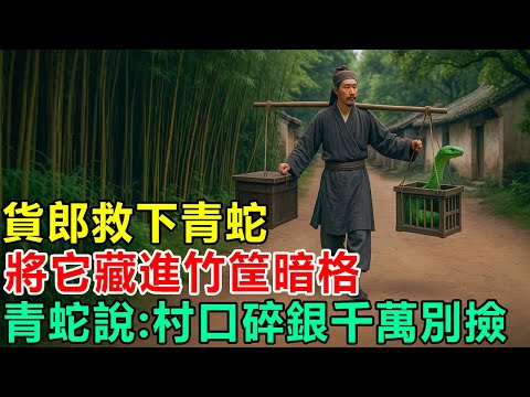 民間故事：貨郎救下青蛇，將它藏進竹筐暗格，青蛇說：村口碎銀千萬別撿