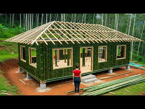 Timelapse - Young Girl Alone Completes a Beautiful Bamboo House With Roof | 7 Days Full Project