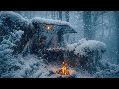 Solo Winter Camping in Heavy Snow and Blizzard-Building a Hidden Shelter Between Two Rocks and Fire