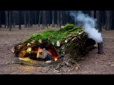 Building The Secret Shelter for Survival. Survival Dugout Between Fallen OAKS Trees. Bushcraft