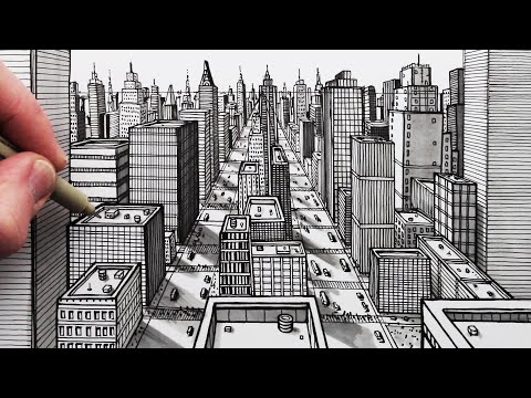How to Draw a City using 1-Point Perspective: Pen Drawing