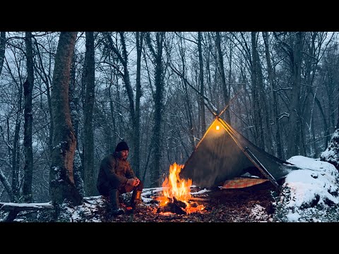 Surviving a Wild Snowstorm in the Deep Woods Building Shelter Bed from Tree Trunks in -19°C Blizzard