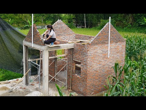 Girl challenges alone off the grid Build floating house on pond - How to build brick wall for roof