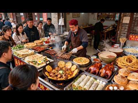 Chinese Street Food: Xuzhou Morning Market! Giant Shaobing, Sanzi, Braised Pork, BBQ [Cheap]