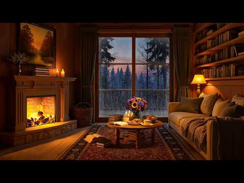 Soothing Jazz, Rain Sounds & Crackling Fireplace - Cozy Night in Cabin Ambience for Stress Relief
