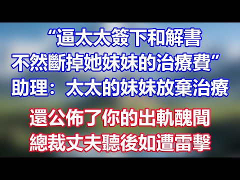 “逼太太簽下和解書，不然斷掉她妹妹的治療費”，助理：太太的妹妹放棄治療，還公佈了你的出軌醜聞，總裁丈夫聽後如遭雷擊