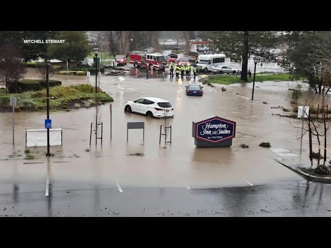 Entrance to Santa Rosa hospital, hotel flooded during atmospheric river storm