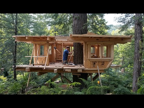 A Man Built a Large Tree House in the MOUNTAINS With His Own Hands