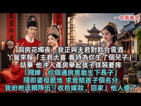 洞房花燭夜，我正與夫君對飲合巹酒，丫鬟報「主君大喜春詩為你生了個兒子」話畢 他沖入產房舉起孩子佯裝要摔「賤婢，你個通房竟敢生下長子」隨即婆母跪地求我給孩子個名分我「吩咐送親隊伍收拾嫁妝，回家」他人傻了