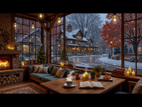 Cozy Snowy Winter Café ☕ Smooth Jazz & Fireplace Ambience for Study, Work & Relax