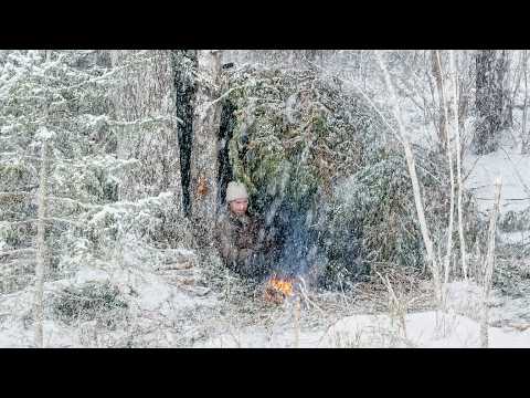 SNOWSTORM WINTER Bushcraft in ROUGH Weather - Building Survival Shelters