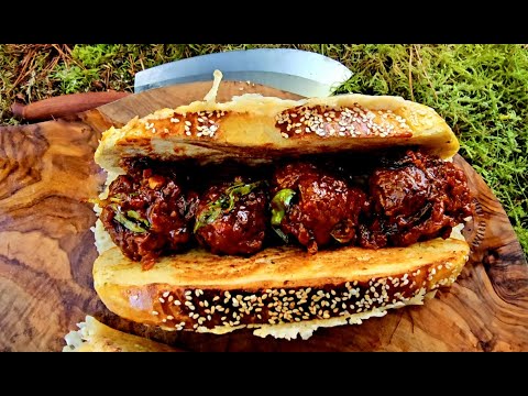 Big Beef Balls Sandwich prepared and cooked in the forest (ASMR, CAMPFIRE, CAMPING)