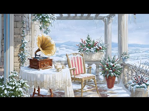 1950's Cozy Winter On The Balcony with oldies playing in another room for relaxation (snowfalling)