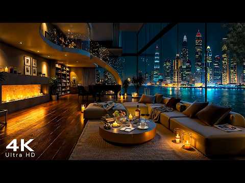 4K Luxury Apartment with Smooth Jazz Piano Music ~ Tranquil Night Skyline for Relax, Focus
