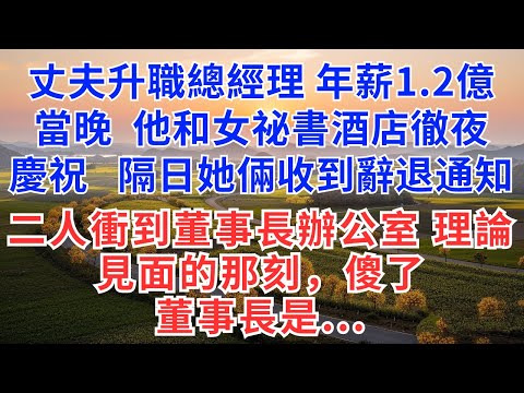 丈夫升職總經理，年薪1.2億，當晚他和女祕書酒店徹夜慶祝，隔日，她倆收到辭退通知，二人衝到董事長辦公室理論，見面的那刻，傻了，董事長是...#慧心家事#為人處世#生活經驗#情感故事#戀愛#情感#婚姻