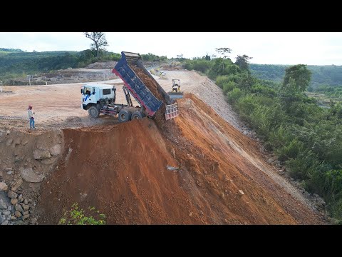 Filling the Mountain Soil with Perfect Skill, 15T Truck Loading Rocks and D37P Dozer Pushing Soil