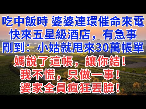 吃中飯時，婆婆連環催命來電，快來五星級酒店，有急事！剛到：小姑就甩來30萬帳單，媽說了這帳，讓你結！我不慌，只做一事！婆家全員瘋狂丟臉！#慧心家事#為人處世#生活經驗#情感故事#戀愛#情感#婚姻