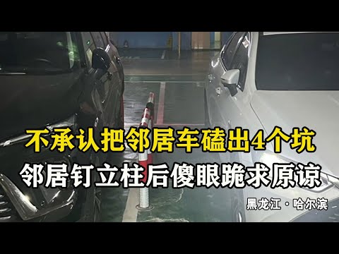 不承認把鄰居車磕出4個坑還罵人，鄰居車位內釘2根立柱後傻眼，跪求原諒