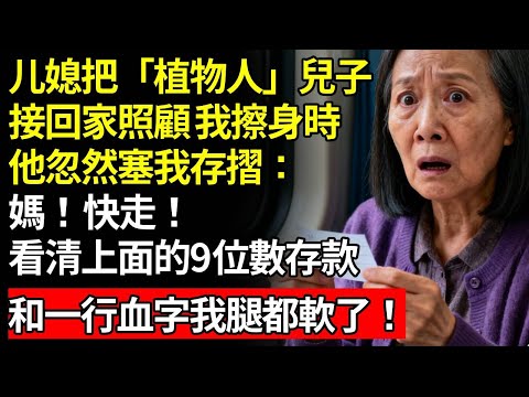 媳婦把「植物人」兒子接回家照顧，我擦身時他突然塞給我一個存摺：媽！快，走！看清上面的9位數存款，和一行血字我腿都軟了！.#養老#慧心家務#老人社#人間家事