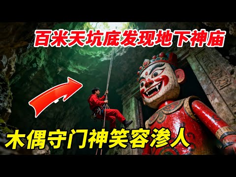 百米天坑底发现地下神庙，朱砂绘制的木偶守门神笑容诡异，让人看得头皮发麻！【户外小北哥】